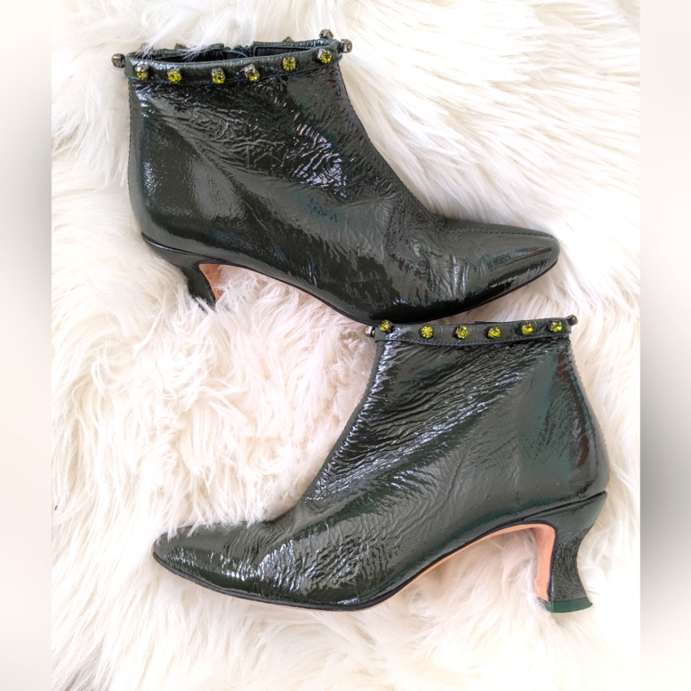 Miista Vintage Ankle Boots with Pointed Toe and Decorative Trim